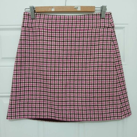 J crew women size 0 wool tweed plaid A-line mini skirt houndstooth pink - Picture 3 of 6